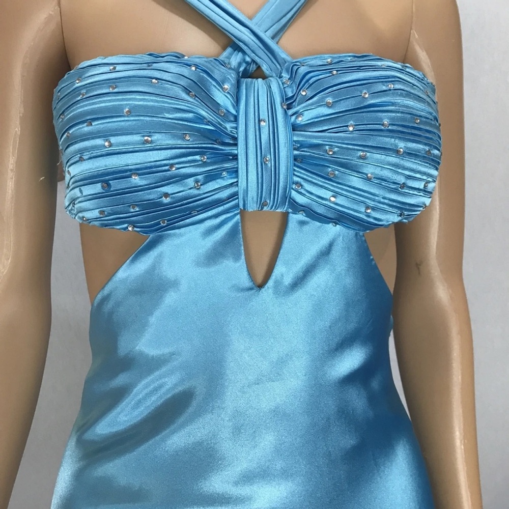 Studio 17 Prom Maxi Hi-low Dress size 0 Satin Blue Rhinestones USA Made